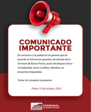 Terminal de buses de Potosí informa que no hay viajes a Cochabamba
