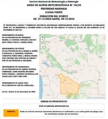 Declaran alerta naranja por presencia de lluvias fuertes