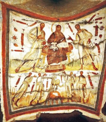 Fresco de las catacumbas de los Santos Pedro y Marcelino representando a Jesús Cristo, San Pedro y San Pablo.