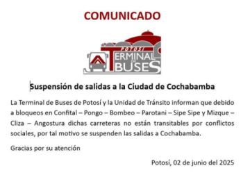 Suspenden las salidas de buses desde Potosí a Cochabamba
