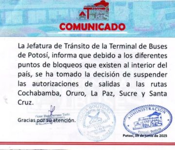 Terminal de Buses de Potosí suspende salidas a cinco Departamentos 