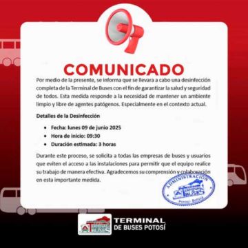 Desinfectarán la terminal de buses el lunes 9