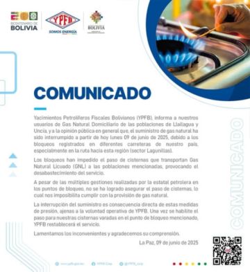 Bloqueo de afines a Evo Morales interrumpe suministro de gas domiciliario en Llallagua y Uncía, reporta YPFB