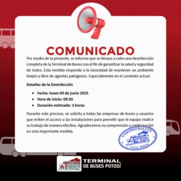 Terminal de Buses cierra por desinfección hoy por la mañana