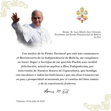 El papa León XIV saluda a Bolivia por su Bicentenario con deseo de paz