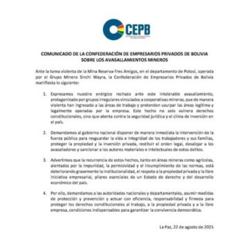 CEPB pide acciones intervenir el avasallamiento en la Mina Reserva – Tres Amigos