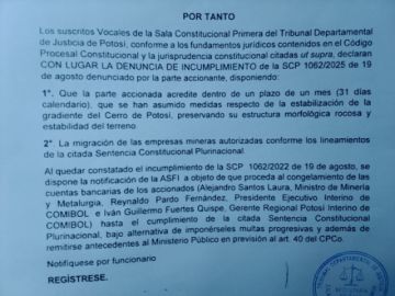 URGENTE Justicia congela cuentas del Ministro de Minería y del presidente de Comibol por el Cerro Rico de Potosí