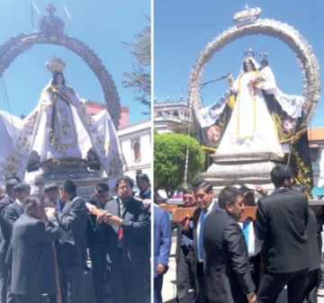 Momento en el que ambas imágenes, tras salir de sus templos, se encontraron en la Plaza 10 de Noviembre.