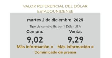 BCB actualiza el valor referencial del dólar a Bs 9,02 para la compra y Bs 9,29 para la venta