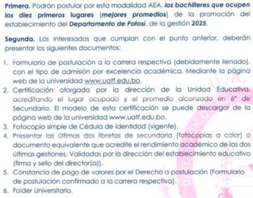 Amplían cupo para admisión por excelencia en la UATF