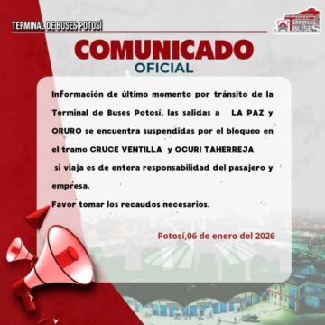 Terminal de Buses de Potosí suspende viajes a La Paz y Oruro