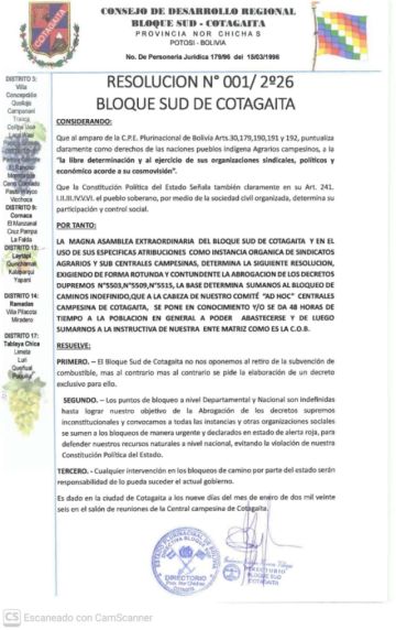 Pobladores de Cotagaita anuncian bloqueos contra los decretos 5503 y 5515