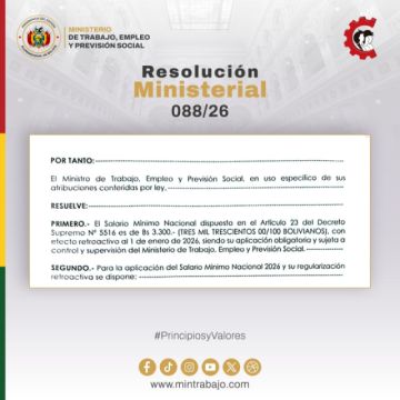 Reglamento establece que no debe haber salarios de menos de 3.300 Bolivianos
