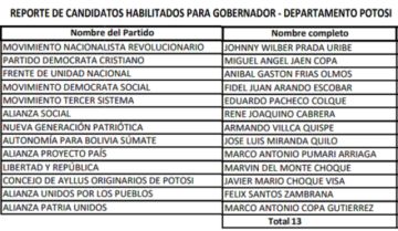 Gobernación de Potosí: hay 13 candidatos habilitados para las elecciones de marzo