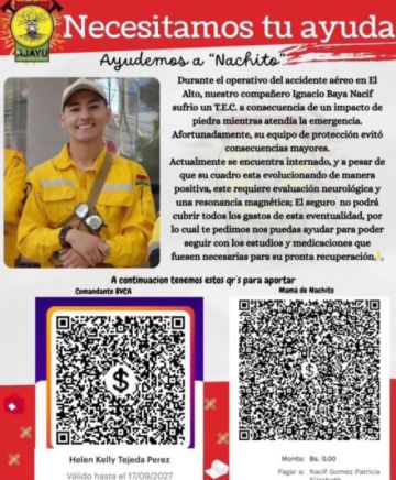 La campaña solidaria para el joven bombero herido en El Alto.