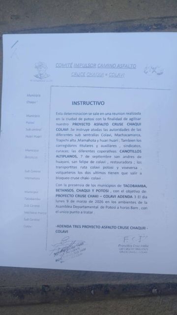 Llaman a bloquear la vía a Sucre por proyecto asfaltado Cruce Chaquí-Colavi