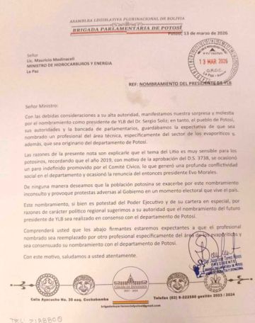 Brigada Parlamentaria de Potosí pide cambiar al presidente de YLB