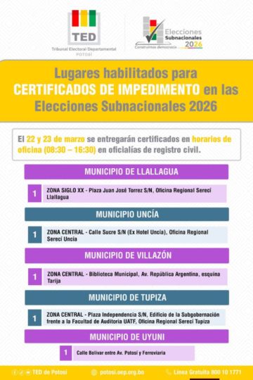 Vea los ligares habilitados para recabar el certificado de impedimento en Potosí