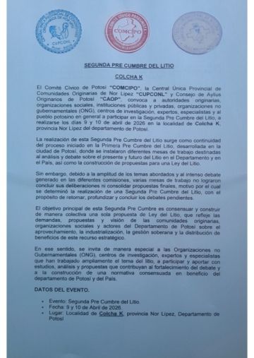 Comcipo convoca a segunda pre cumbre del litio en Colcha K