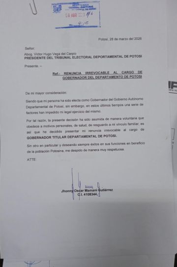 URGENTE: TED recibe renuncia de Jhonny Mamani al cargo de gobernador
