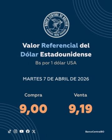 BCB ratifica el valor referencial del dólar de EEUU y reporta cotización de Bs 9 para la compra
