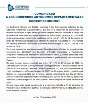Contraloría: autoridades salientes deben permanecer seis meses en el país tras el cese de sus funciones