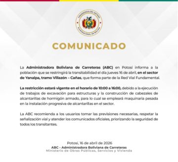 ABC restringe el tránsito en la ruta Villazón – Cañas este jueves
