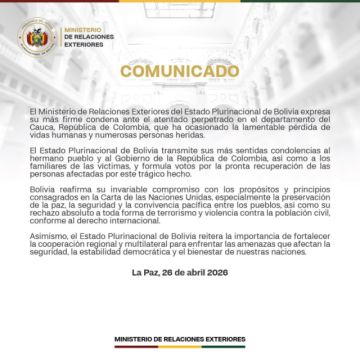 Bolivia expresa sus condolencias a Colombia
