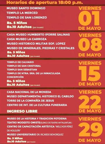 Las Noches de Museo inician el viernes 1 de mayo en Potosí