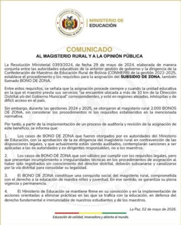 Ministerio de Educación afirma que se garantiza permanencia del Bono de Zona para el magisterio rural