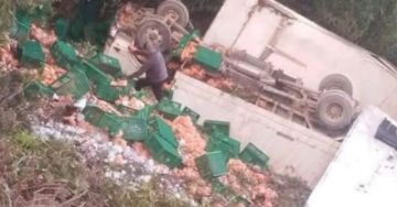 Camión con carga de pollo vuelca en ruta alterna hacia La Paz