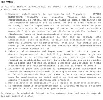 Colegio Médico de Potosí rechaza designación de director de Sedes