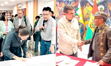 CONFLICTO Ministra firma el acuerdo en Cochabamba (i). A lado, el presidente Paz, saluda a un dirigente de la COR de El Alto.