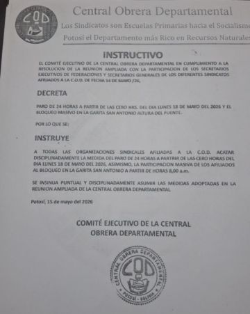 COD de Potosí confirma paro de 24 horas para este lunes