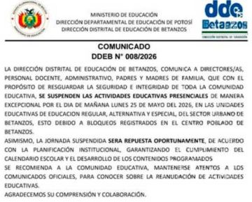 Suspenden clases presenciales en el área urbana de Betanzos por los bloqueos