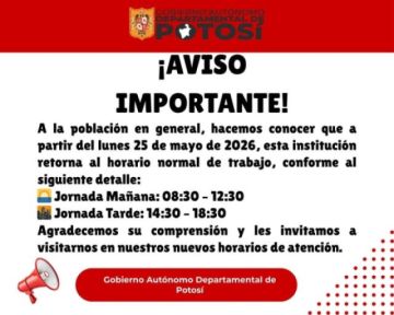 Gobernación de Potosí retoma el horario normal de trabajo desde hoy