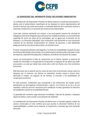 Empresarios Privados de Bolivia expresa su profunda preocupación la crisis en el país