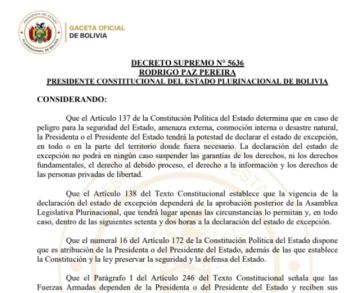 Conoce el D.S. 5636 que establece estado de excepción en Bolivia