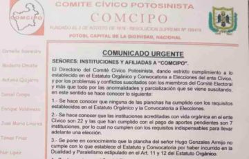 Se complica la elección de dirigentes del Comité Cívico Potosinista