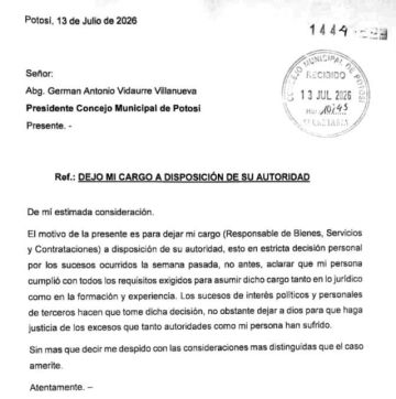 Milton Fuentes renuncia a su cargo en el Concejo Municipal de Potosí