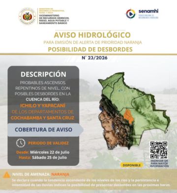 Alerta naranja por desbordes en ríos de Santa Cruz y Cochabamba rige hasta este sábado