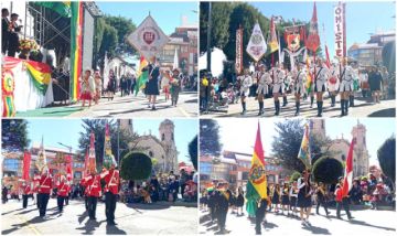 Bandas escolares y estandartes identificaron a las escuelas.