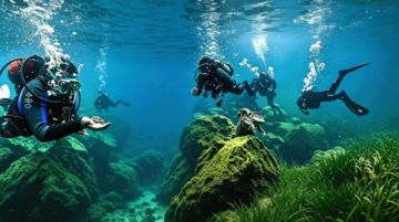 Instructores del Centro de Instrucción de Buceo en Altura de la Armada Boliviana durante una jornada de preparación para las inmersiones en el Titicaca. 