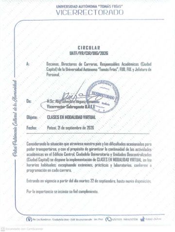 UATF dispone clases virtuales desde el 22 de septiembre
