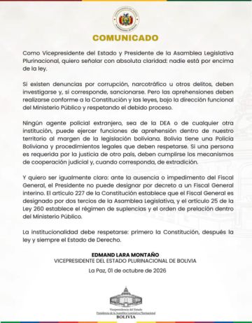 Tras aprehensión de Mariaca, Lara dice que Paz no puede designar su reemplazo por decreto