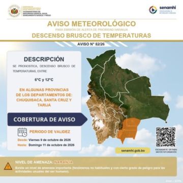 Frío intenso de hasta 12 °C por debajo de lo normal afectará a Chuquisaca, Santa Cruz y Tarija