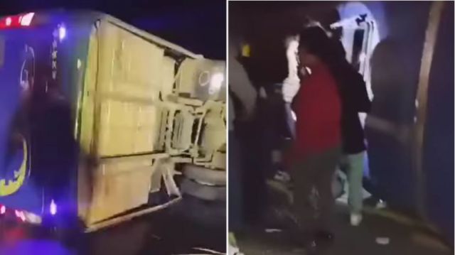 Un bus con pasajeros vuelca en la carretera antigua Santa Cruz-Cochabamba