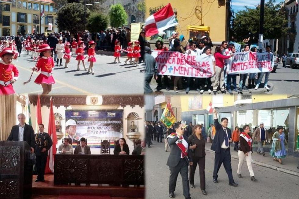 Desfile, protestas y anuncios de inversiones maquillan primera media jornada de celebración en Potosí 