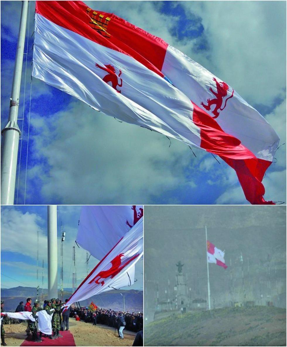 Gigantesca bandera de Potosí flamea en lo alto del cerro rico 