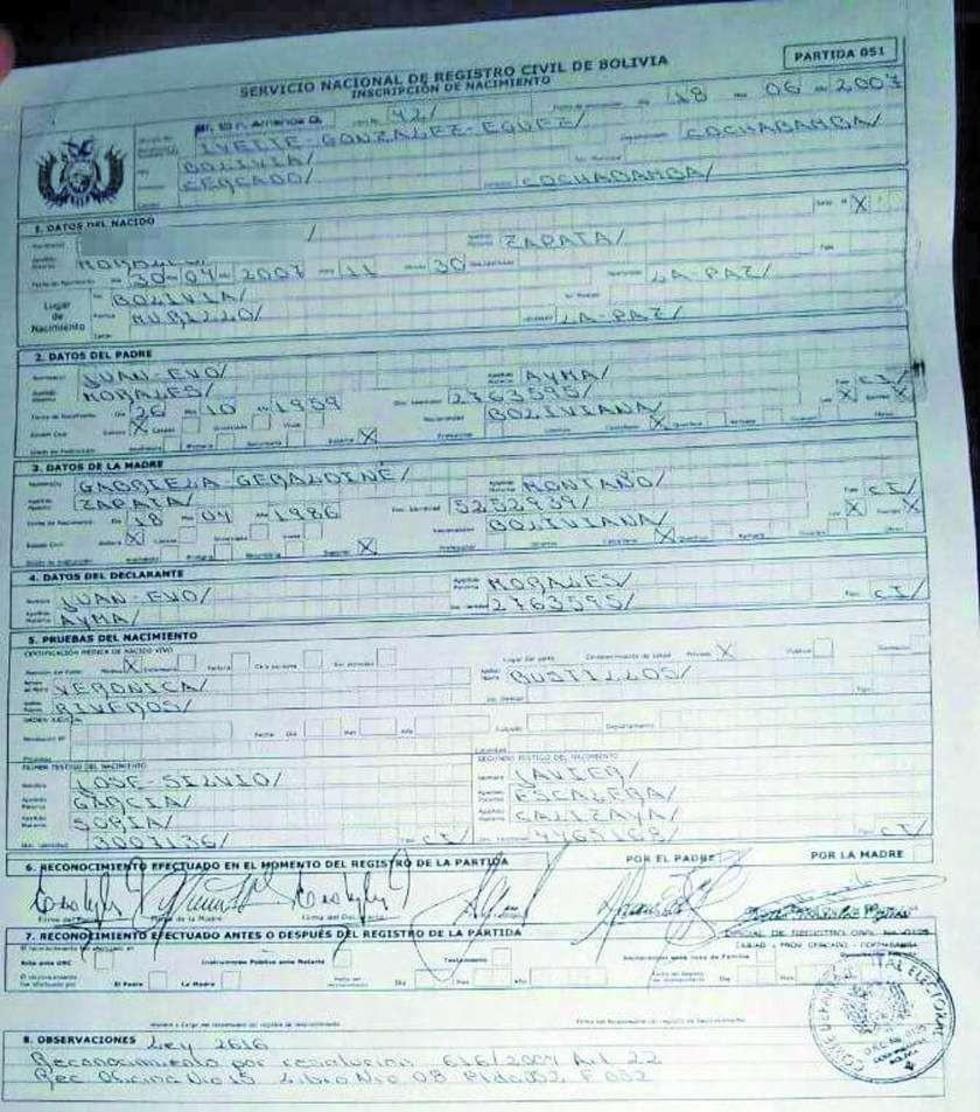 El hijo de Evo y Zapata existe para las leyes